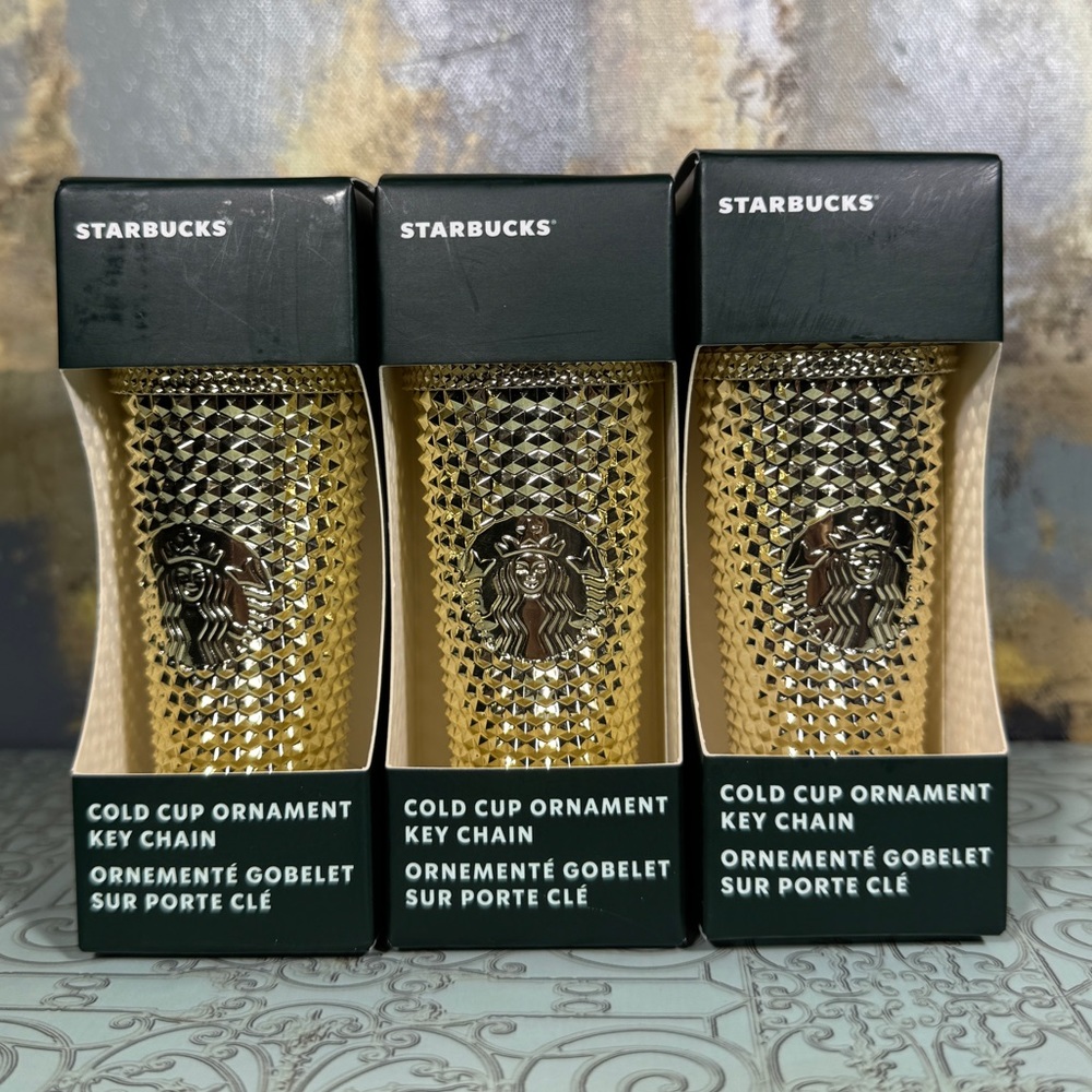 NWT x3 Starbucks Gold Chrome Bling Studded Keychain Bundle
